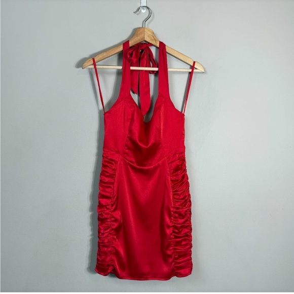 SAINTS + SECRETS NWT Red Satin Halter Ruched Mini Dress Bodycon Size 10 - Picture 7 of 13